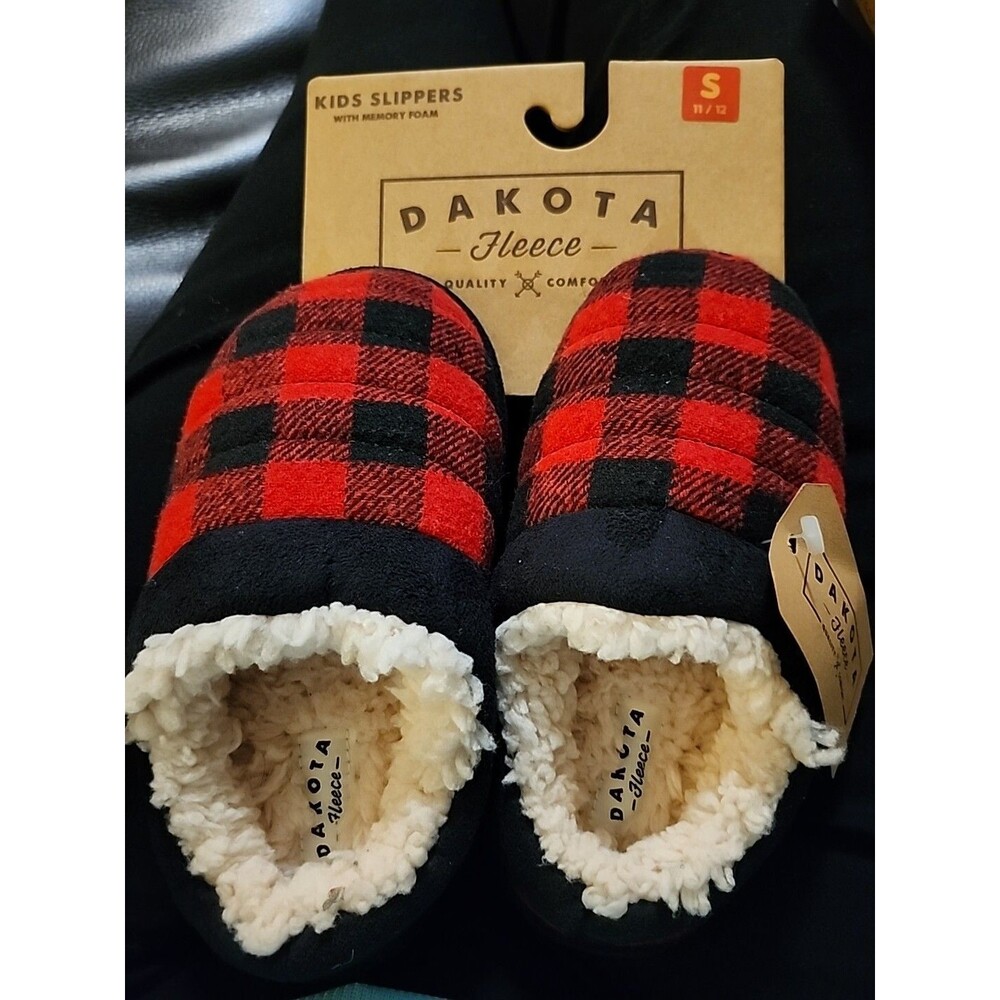 Dakota Fleece Kids Buffalo Plaid  Slipper, Size Small 11/12 Indoor Outdoor